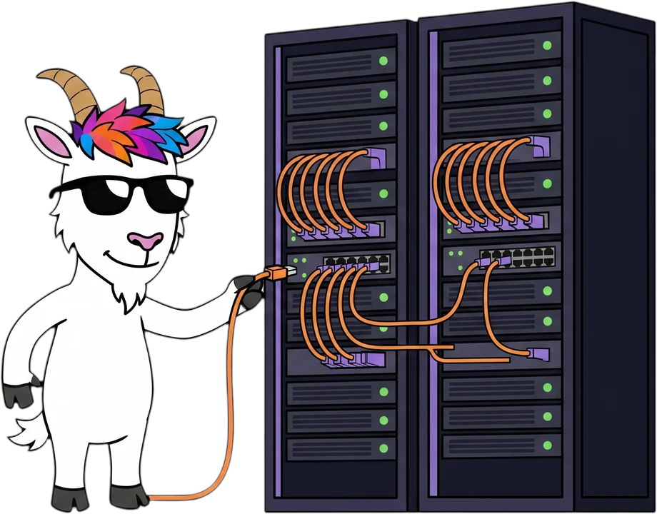 De DONE-mascotte sluit een patchkabel aan op een serverrack