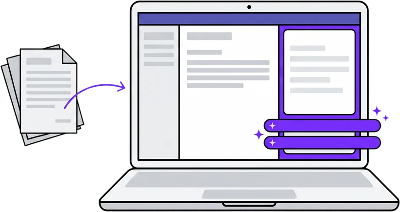 Illustratie van een laptop met een AI-paneel dat een mail opstelt op basis van eerdere documenten