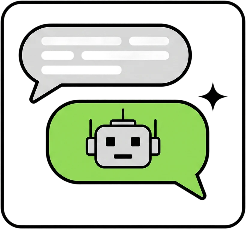 Illustratie van een chatvenster met een vriendelijk robotgezicht in de antwoordbubbel