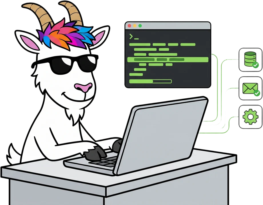 De DONE-mascotte werkt op een laptop waar een AI-agent draait, gekoppeld aan een database, mail en een systeem
