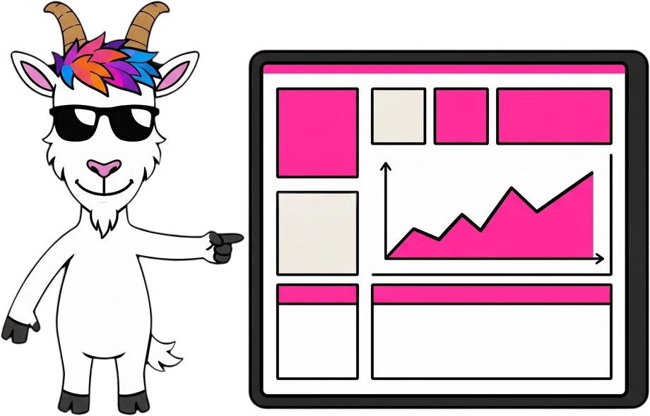 De DONE-mascotte wijst naar een dashboard in een applicatie