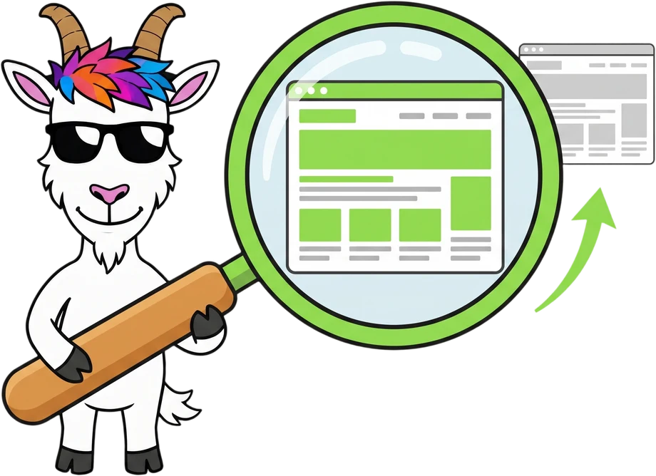 De DONE-mascotte houdt een vergrootglas voor een website, die daardoor scherp en compleet in beeld komt