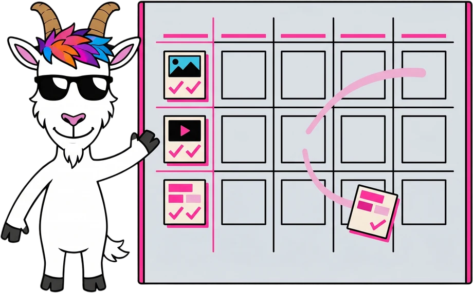 De DONE-mascotte bij een planbord waar content voor de komende weken is ingepland