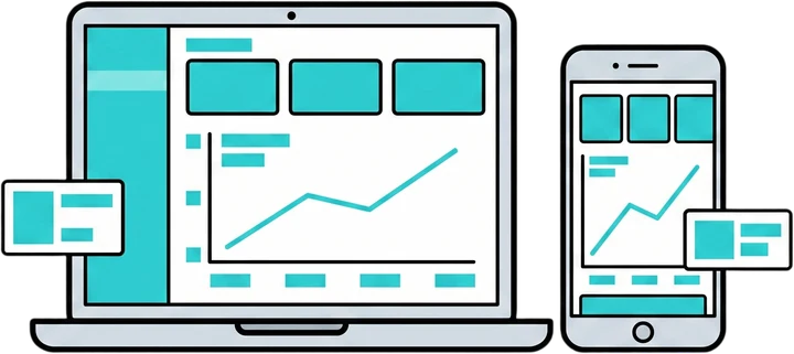 Illustratie van een laptop en telefoon met dezelfde applicatie-interface