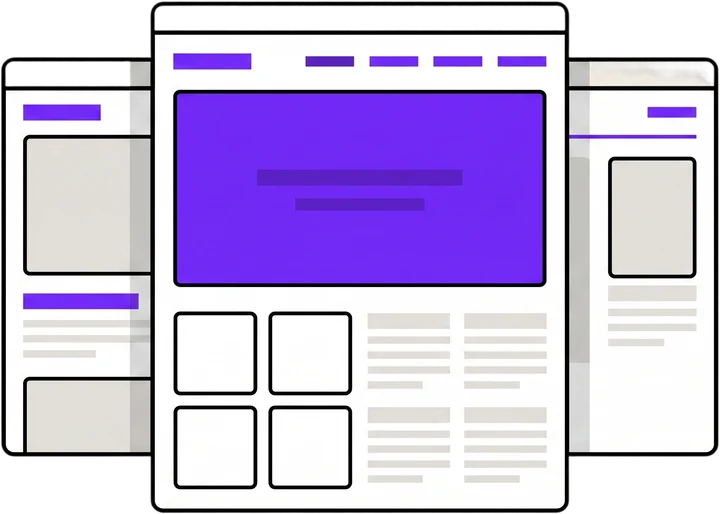Illustratie van meerdere browservensters achter elkaar met een uitgebreide site