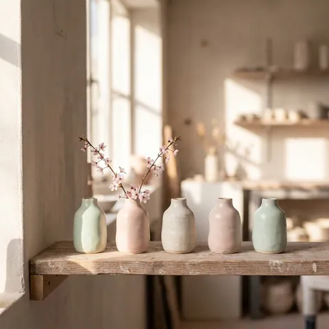 Rij pastelgeglazuurde vaasjes op een houten plank